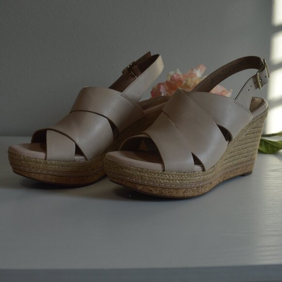 Clarks Amelia Dally Ecru Leather Espadrille Wedge Sandals - Picture 8 of 12